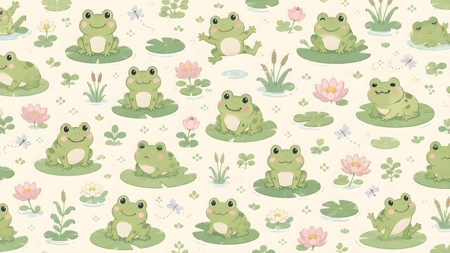 Cute green frogs surrounded by lily pads, flowers and leafy plants on a soft background, forming a charming hand drawn seamless pattern for kids and nursery designs.