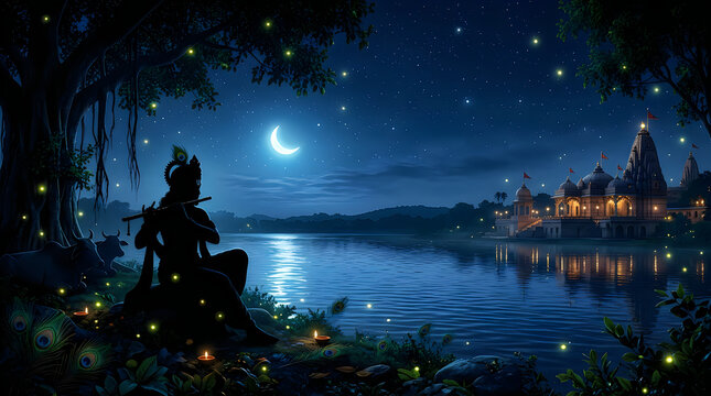 Serene figure playing flute by moonlit river at night, peaceful scene