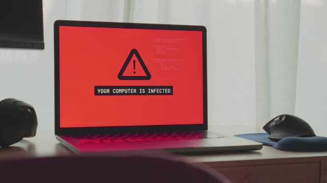 Virus or malware infected laptop displaying message on screen in office or home. Hacker group or spy agency remote accessing server and system blocking user. Red ransom warning alert and glitch