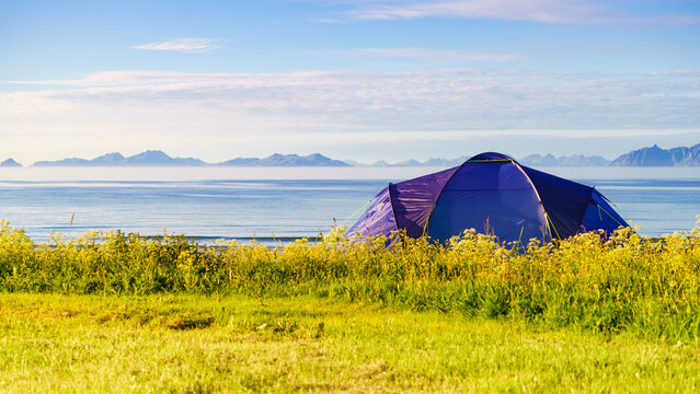 Tent on beach, Lofoten islands, Norway