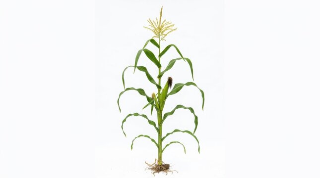 A single healthy green corn plant with leaves and roots standing upright for agriculture and farming