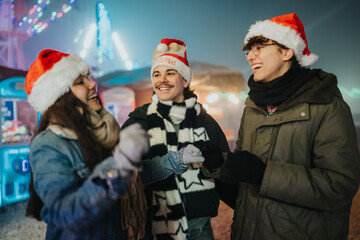 Fototapeta premium Three friends wearing Santa hats laugh and hold hands at a festive outdoor market. The joyful group enjoys a nighttime Christmas carnival atmosphere with colorful lights.