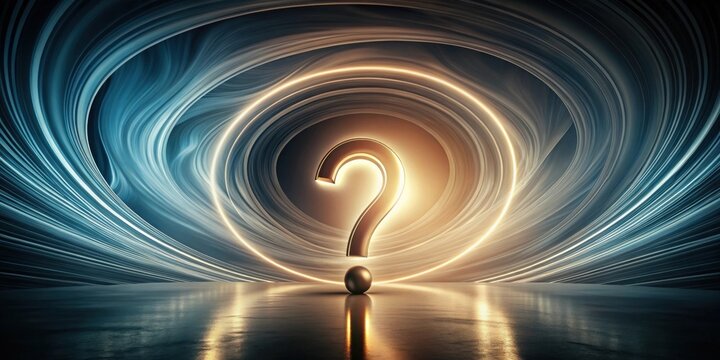 Illuminated Question Mark on a Reflective Surface within a Swirling Abstract Environment
