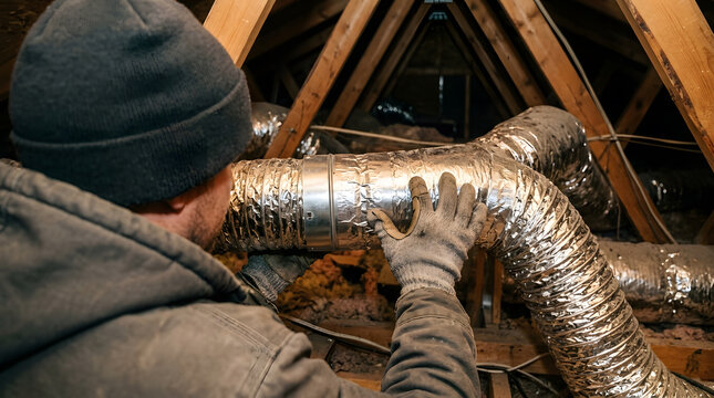HVAC Technician Inspecting Insulated Air Duct Connections in Residential Attic | Worker Checking Flexible Ducting Junction in Wooden Roof Rafters | Attic Ductwork Inspection and HVAC Repair Service 