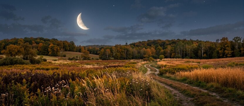 Crescent moon shining over a rural autumn field at twilight. Dirt road curving through tall grass toward a colorful fall forest. Seasonal equinox evening landscape concept