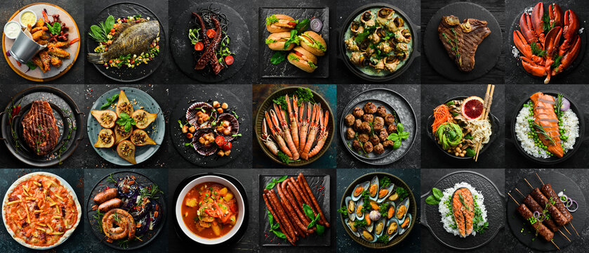 Photo collage of food on plates. Banner with a lot of images of dishes and snacks. On a black background. Top view. Wide horizontal image.