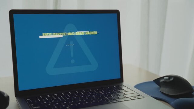 Personal or work computer in office displays hacker message for ransom. Private data blocked by cyber team hacking into system stealing sensitive information from user. Warning request for payment