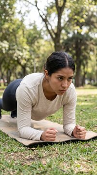 Focused woman holding plank position during outdoor park workout session