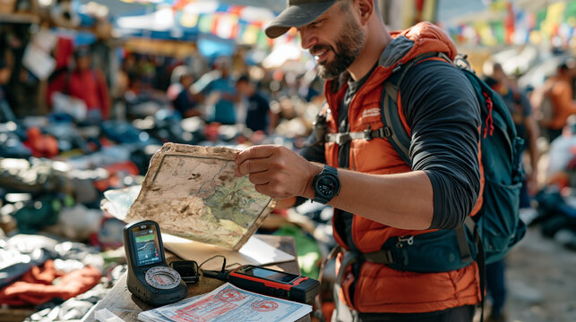 An adventure guide in a crowded mountain base camp market holds a worn topographic map beside a symbolic still life of compass, satellite communicator, and stamped expedition permits, gear vendors a