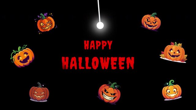 Spooky Happy Halloween animation featuring a swinging light bulb and various expressive cartoon jack o lanterns on a dark background for holiday video projects