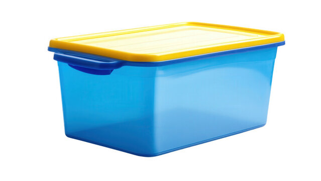 Transparent blue plastic storage bin with yellow lid with made on transparent background