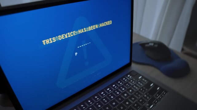 Laptop on desk in office or home displays ransom message from hacker on screen. Illegal cyber activity stealing personal data and information. Ransomware virus installed on work or private computer