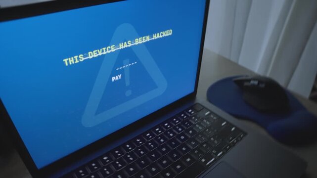 Close up on laptop - message pops requesting ransom payment in exchange for data. Hacker group or illegal cyber criminal team seizing control over private information alerting user to pay them money