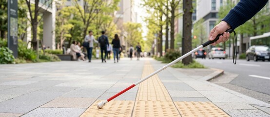 Fototapeta premium Person using a white cane on a tactile paving surface. Visually impaired pedestrian navigating a city sidewalk. International White Cane Day and urban accessibility concept