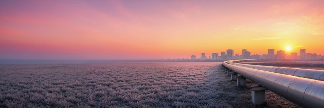 District heating pipes running across a frosty field at sunrise. Large insulated pipelines with a city skyline in the background. Wide banner format
