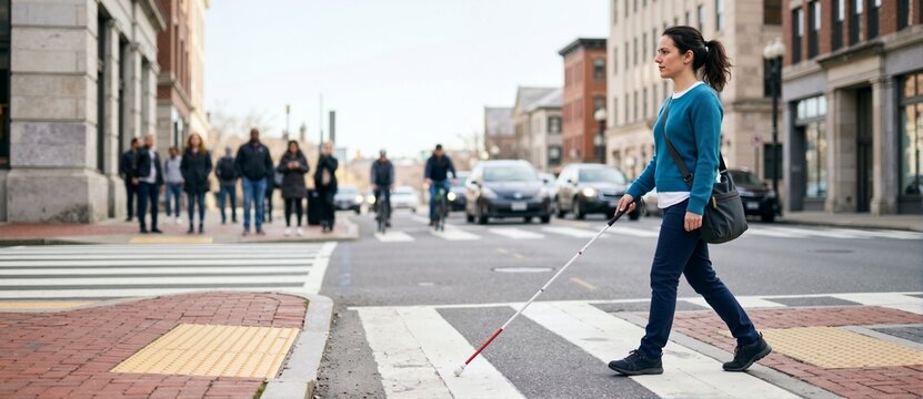 Visually impaired woman crossing a city street with a white cane. Pedestrian navigating a crosswalk in an urban environment. International White Cane Day and accessibility concept