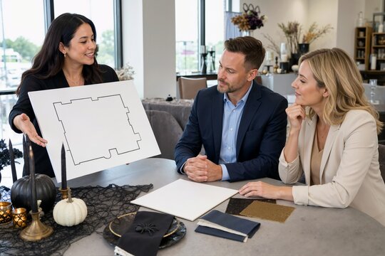 Event planner showing a floor plan to clients during a consultation. Corporate coordinator discussing layout with a couple. Halloween party preparation and design service concept