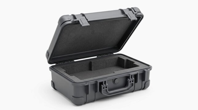 Rugged protective storage case with open lid and interior foam padding isolated on a clean white background for professional equipment