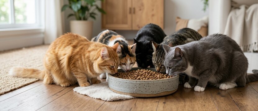 Group of five domestic cats eating dry food from a large ceramic bowl. Multi-pet household feeding time on a wooden living room floor. Feline nutrition and pet care banner