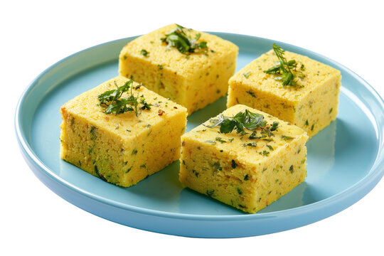 Four freshly baked yellow dhokla cake squares garnished with herbs on blue plate