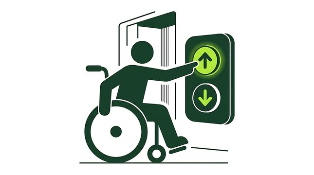 Person in Wheelchair Pressing Up Button for Elevator Accessibility.