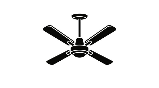 Black four blade ceiling fan icon on white background.
