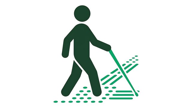 Green Icon of a Blind Person Walking with a Cane.