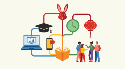 Diverse group discusses ideas connected to education, technology, and time, with a rabbit motif and lantern.
