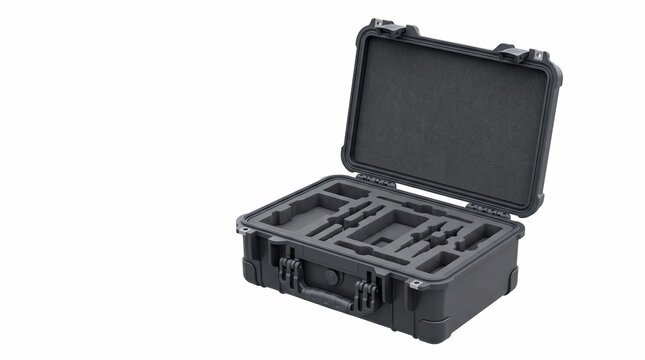 Open rugged industrial plastic storage case with empty foam insert for protective equipment isolated against a clean white background studio