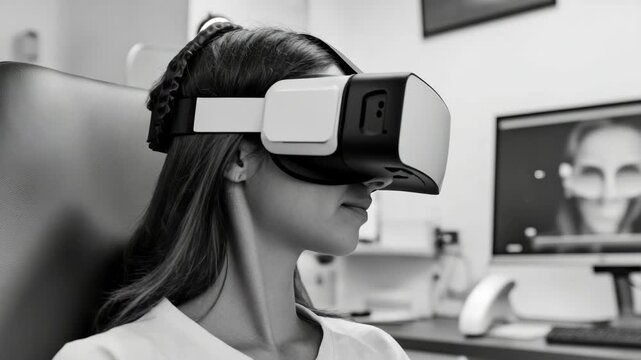 Woman wears VR headset, eyes closed. She sits in ergonomic chair, focused. Monitor shows another person's face. Room has soft lighting, clean setup. Scene suggests immersive digital experience