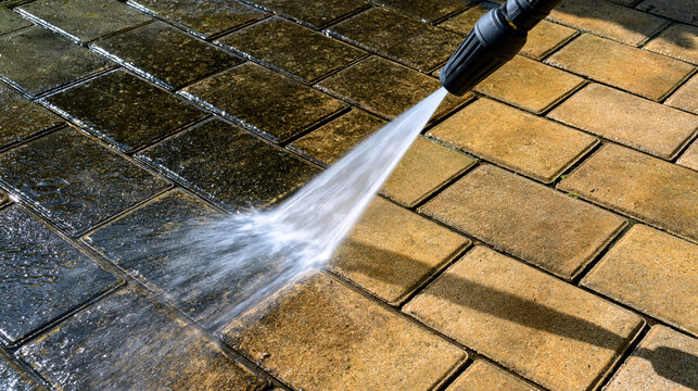 A high-pressure washer spraying water onto dirty paving stones to reveal a clean surface. This image illustrates professional cleaning services for outdoor living spaces.