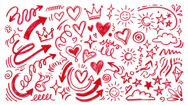 Set of cute red handdrawn doodles including hearts, suns, stars, crowns, and arrows isolated on transparent background