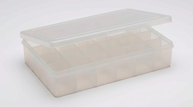 Transparent plastic organizer box with multiple small grid compartments for storing craft beads or jewelry items on white background surface