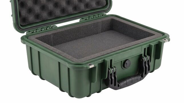 Olive green waterproof protective equipment case featuring high density interior foam padding for safe storage of delicate professional electronic devices