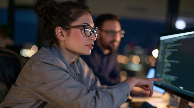 Late Night Coding Session: Two colleagues, a woman and a man, focus intently on a computer screen in a dimly lit office, engaged in a late-night coding session.