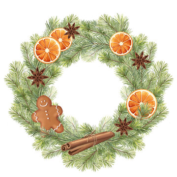 Hand-drawn Christmas pine wreath gingerbread dried orange illustration