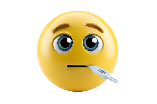 Realistic 3D yellow emoji character holding thermometer in mouth showing fever symptoms