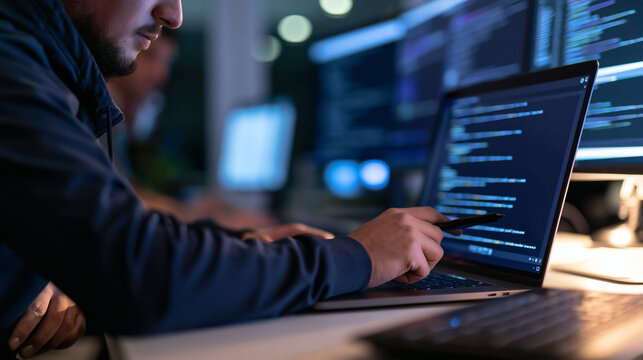 Cybersecurity Expert at Work: A focused coder is diligently working on a laptop, his finger pointing to lines of complex code displayed on the screen, surrounded by multiple monitors showing data.