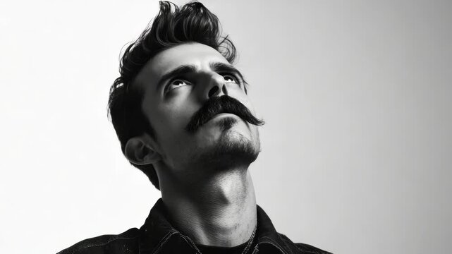 A man with a mustache gazing off into the distance, lost in thought. He has dark hair and is wearing a collared shirt. His expression suggests deep contemplation or daydreaming.