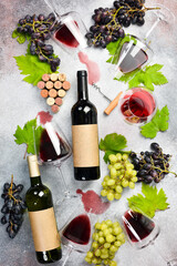Fototapeta premium Set of red and white wine in bottles and glasses. Grape. Composition for design.