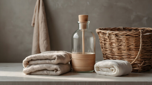 Luxury glass bottle container with wooden cork stopper in spa interior
