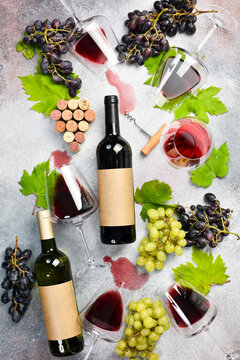 Set of red and white wine in bottles and glasses. Grape. Composition for design.