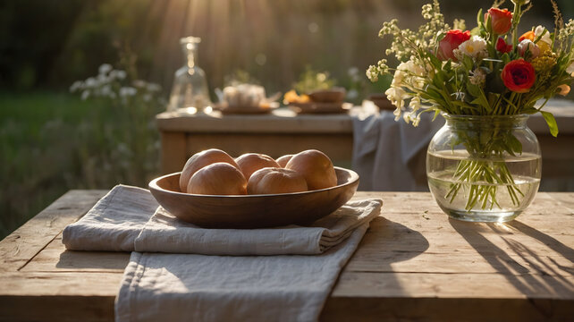 Fresh homemade buns bread basket on rustic outdoor table in summer garden