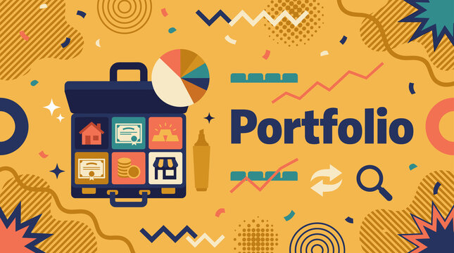 investment portfolio concept illustration with briefcase containing diversified assets, pie chart and market trend icons banner