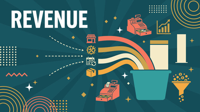 revenue concept illustration with multiple income streams flowing into collection funnel, register and sales chart icons banner
