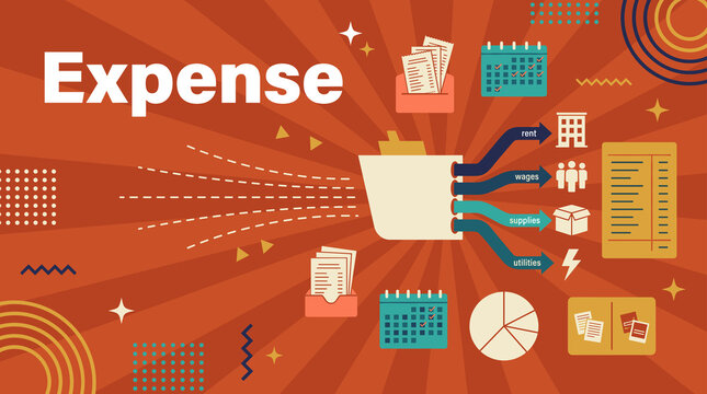 expense concept illustration with outgoing cost categories for rent, wages, supplies and utilities from central folder banner