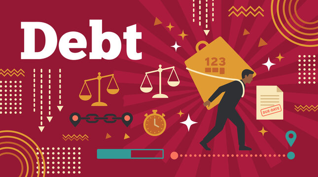debt concept illustration with man carrying heavy credit burden, balance scales and due date deadline icons banner