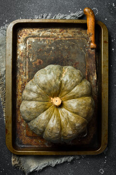 Organic Marbled Pumpkin. Orange green skinned pumpkin. Autumn vegetables. Top view.