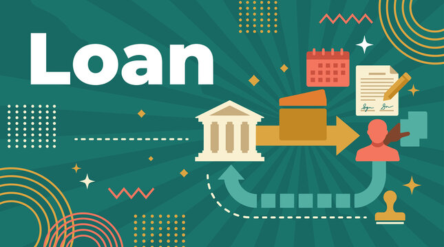 loan concept illustration with bank institution lending to borrower, contract signing and repayment schedule icons banner