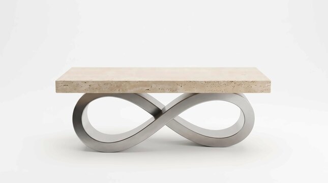 Modern coffee table featuring a flat rectangular travertine stone top supported by a unique brushed metal infinity shaped base frame